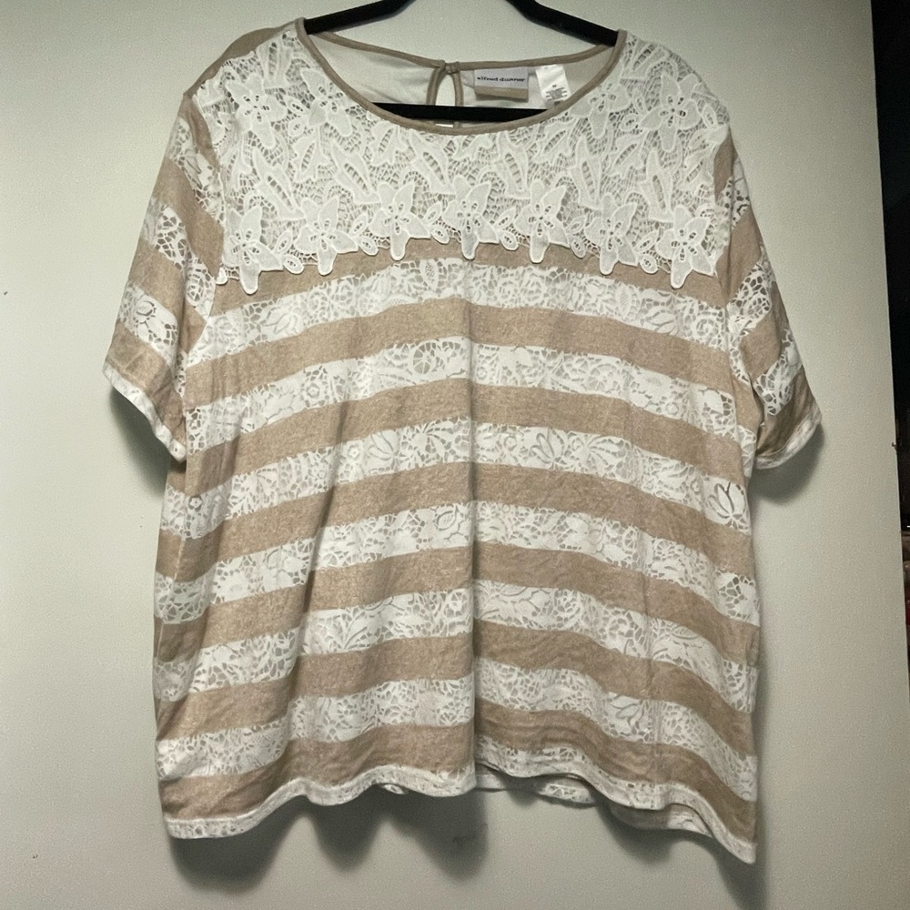 Alfred Dunner White and Cream Sleeve Blouse Shirt
